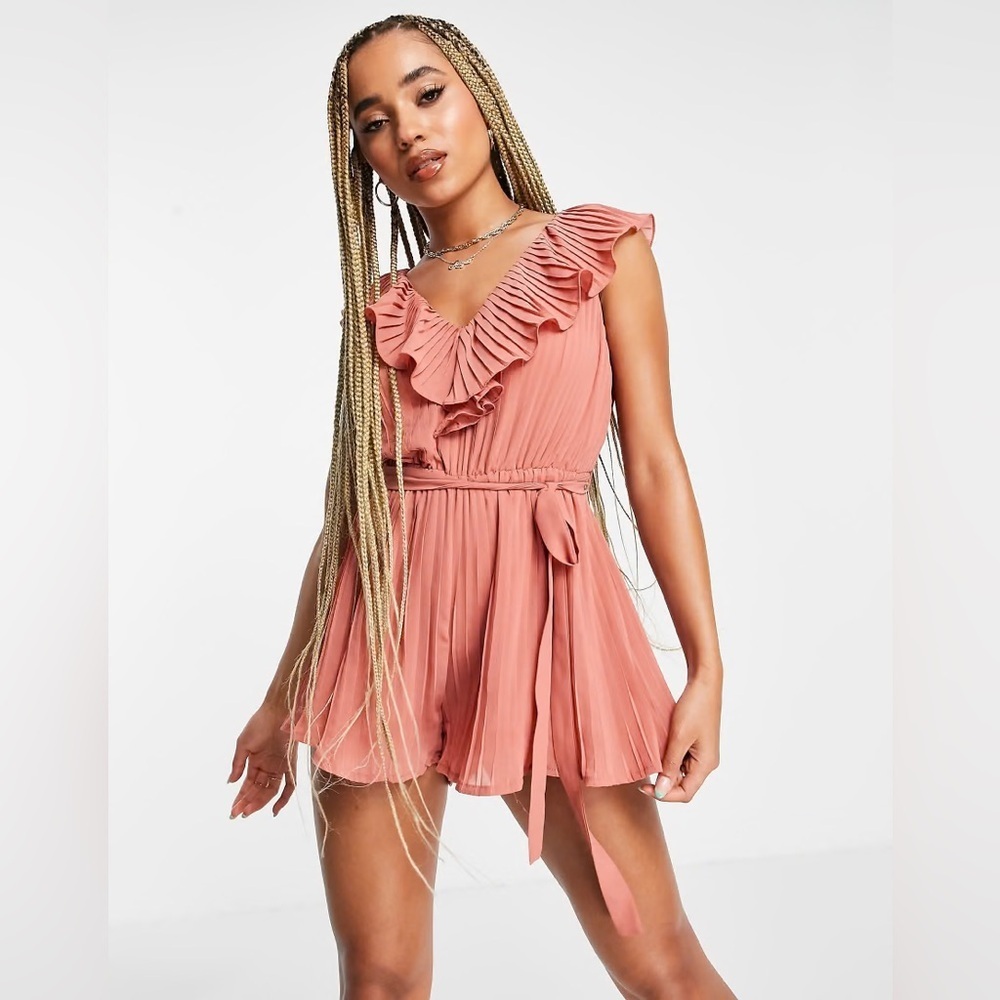 Rare London Pleated Playsuit/Romper with Ruffle Detail in Pink - Size 6